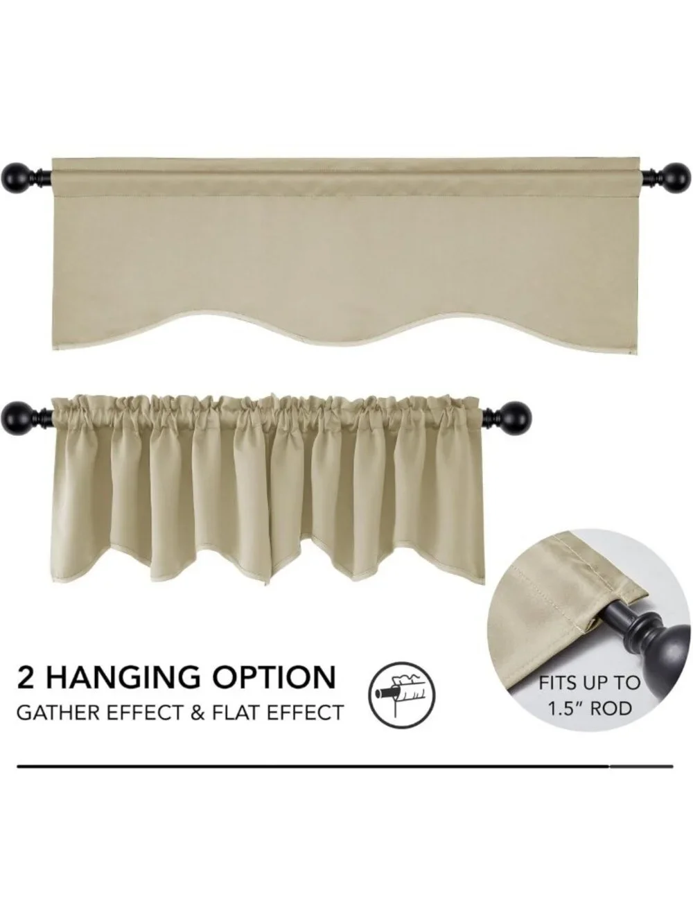Beige Scalloped Room Darkening Valance Curtain for Kitchen & Living Room, 52x18